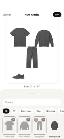 Canvas showing a new Outfit of a white tee, navy sweater, blue jeans and black puffer, rated Suits 10 to 16°C