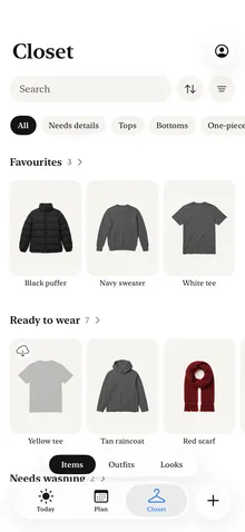 Closet tab showing Favourites and Ready to wear