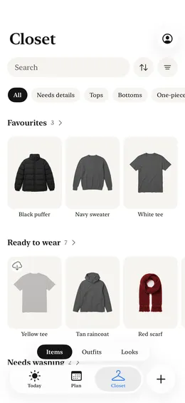 Closet tab showing Favourites and Ready to wear