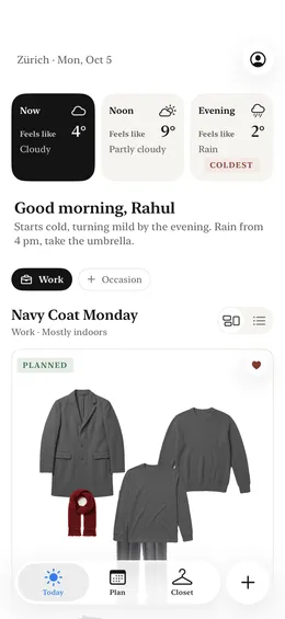 Today tab showing the morning, noon and evening weather panels and a Work Occasion's Navy Coat Monday outfit